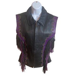 Vance Leathers USA leather black and purple fringe studded vest retro size 2XL
